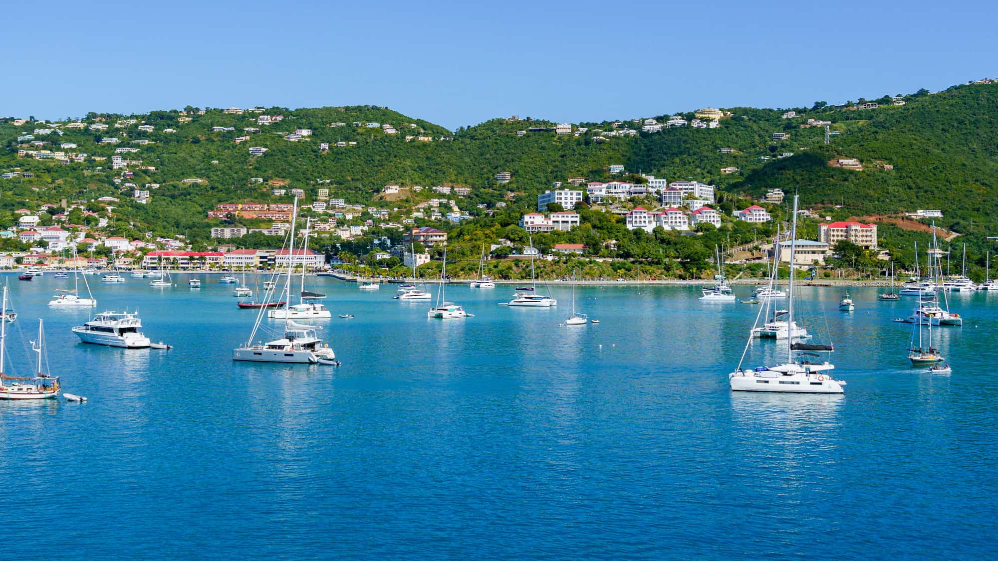 Dozens of sailboats and yachts float on calm, blue waters, with a lush green hillside in the background. The hillside is dotted with pastel-colored homes and resorts.