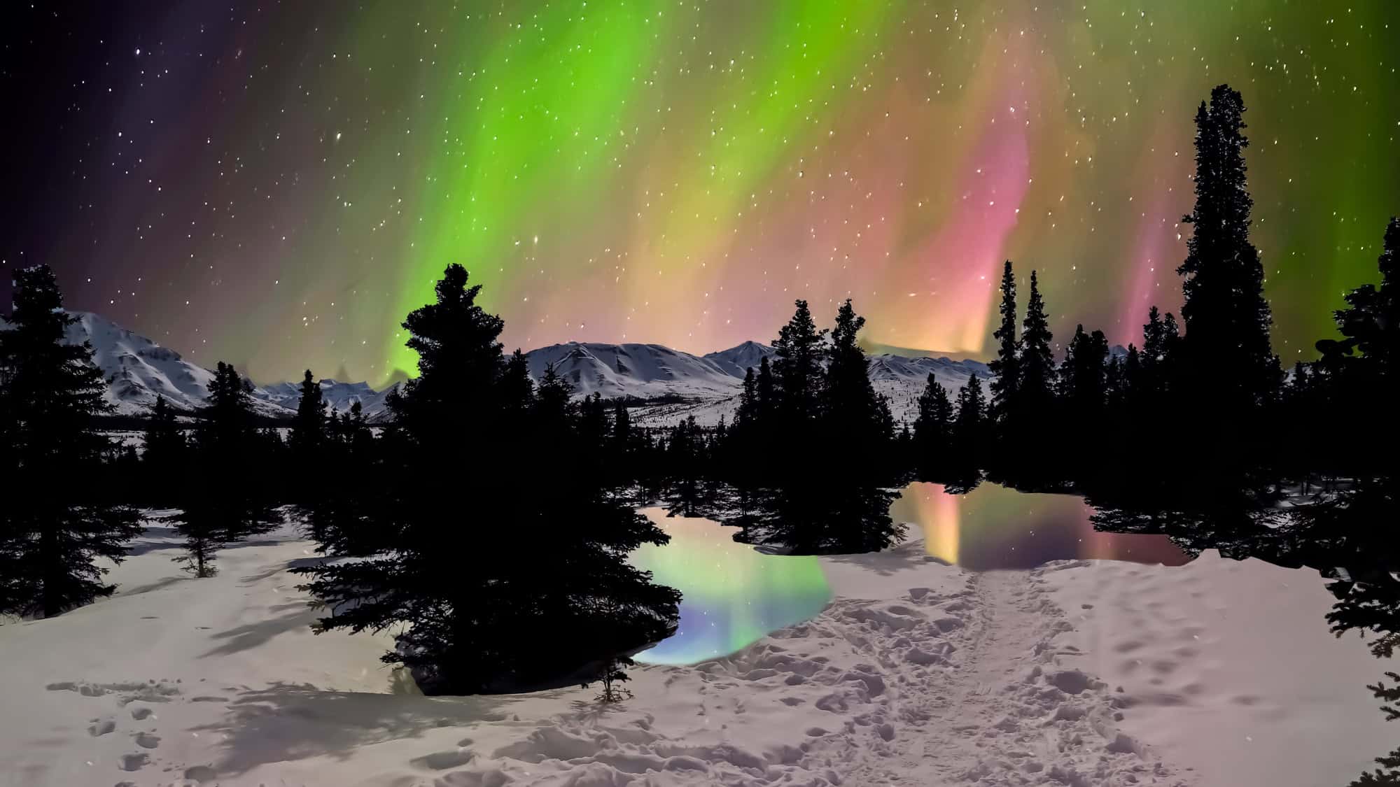 Green and pink aurora streaks shine over snowy mountains and trees, reflecting in a small pond beside a snow-covered trail.