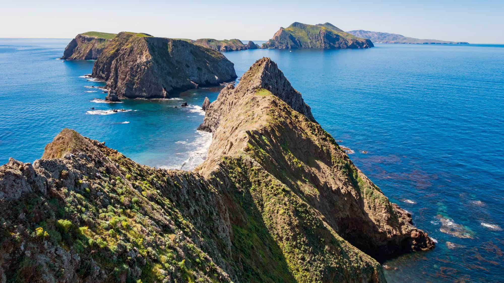 A stunning view of the Channel Islands, featuring jagged, green-covered cliffs jutting out into the vibrant blue sea. The calm ocean and the clear sky add to the scenic beauty of the landscape.