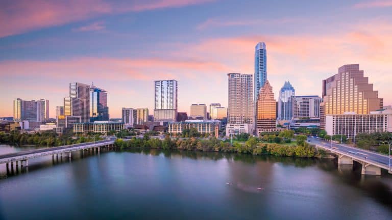 a cityscape of Austin at sunset