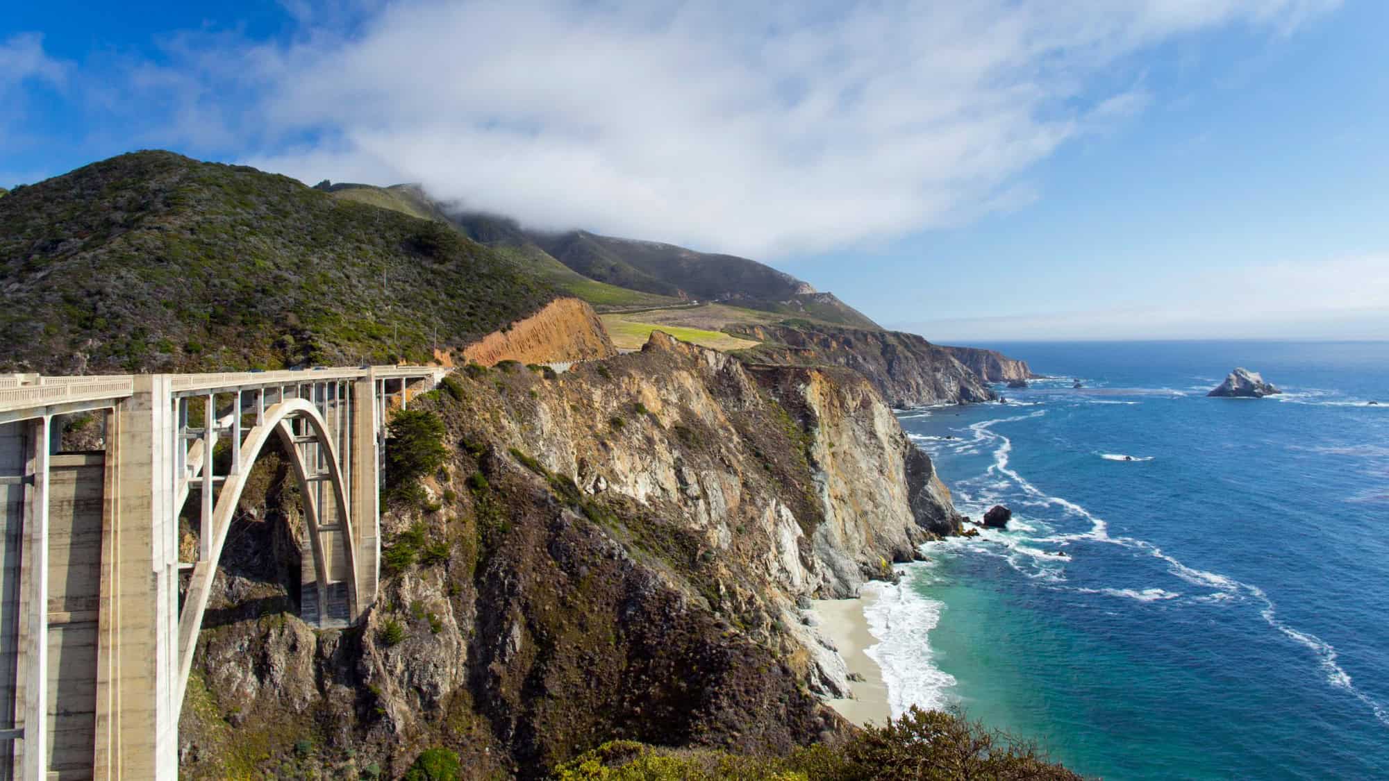 The Bixby Creek Bridge on the Pacific Coast Highway, dramatically spanning rocky cliffs with the Pacific Ocean waves crashing below, under a partly cloudy sky.