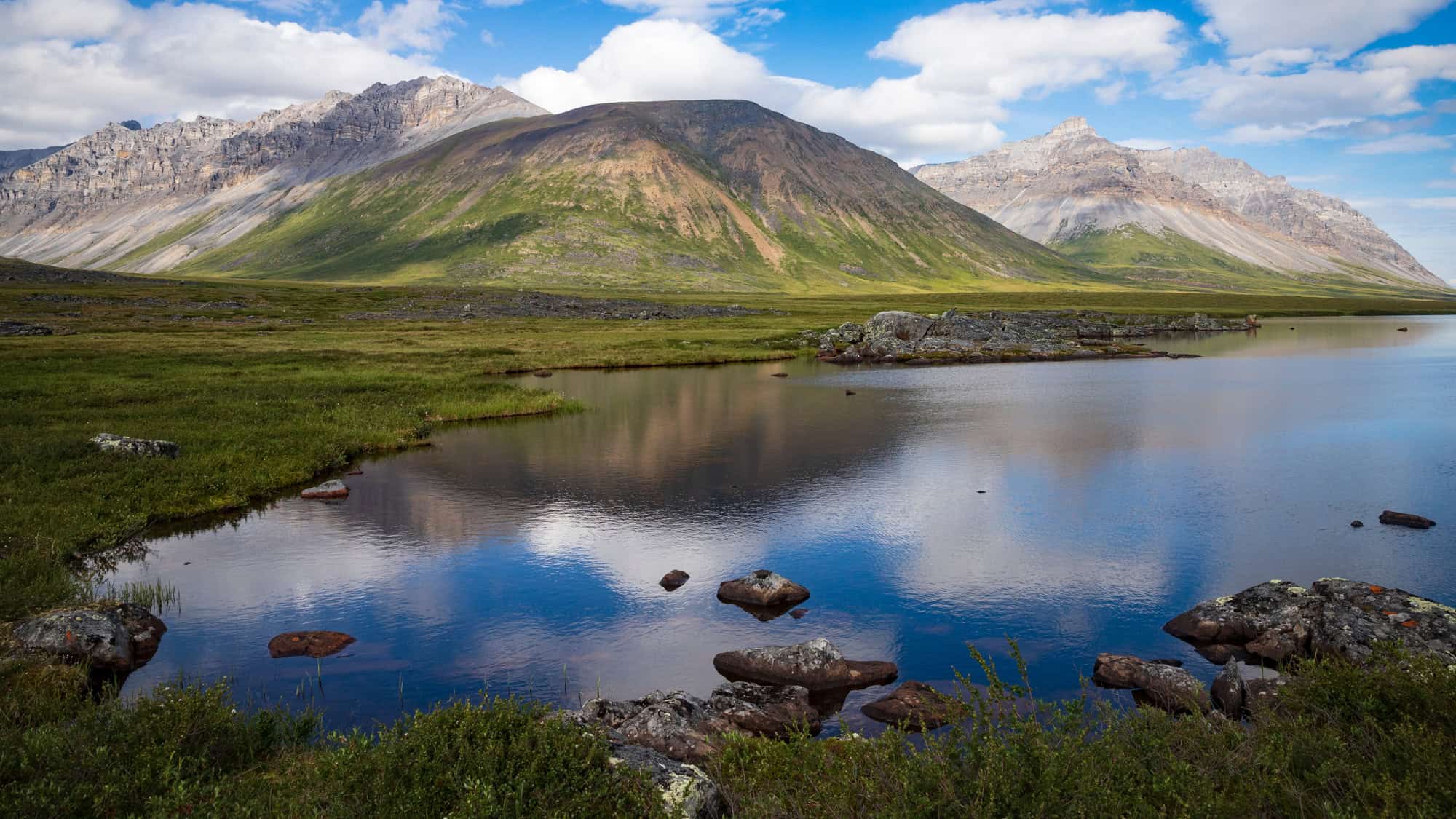 A serene tundra landscape in Gates of the Arctic National Park features rugged, multi-toned mountains reflected in a calm, glassy pond surrounded by mossy rocks and alpine greenery under a partly cloudy sky.