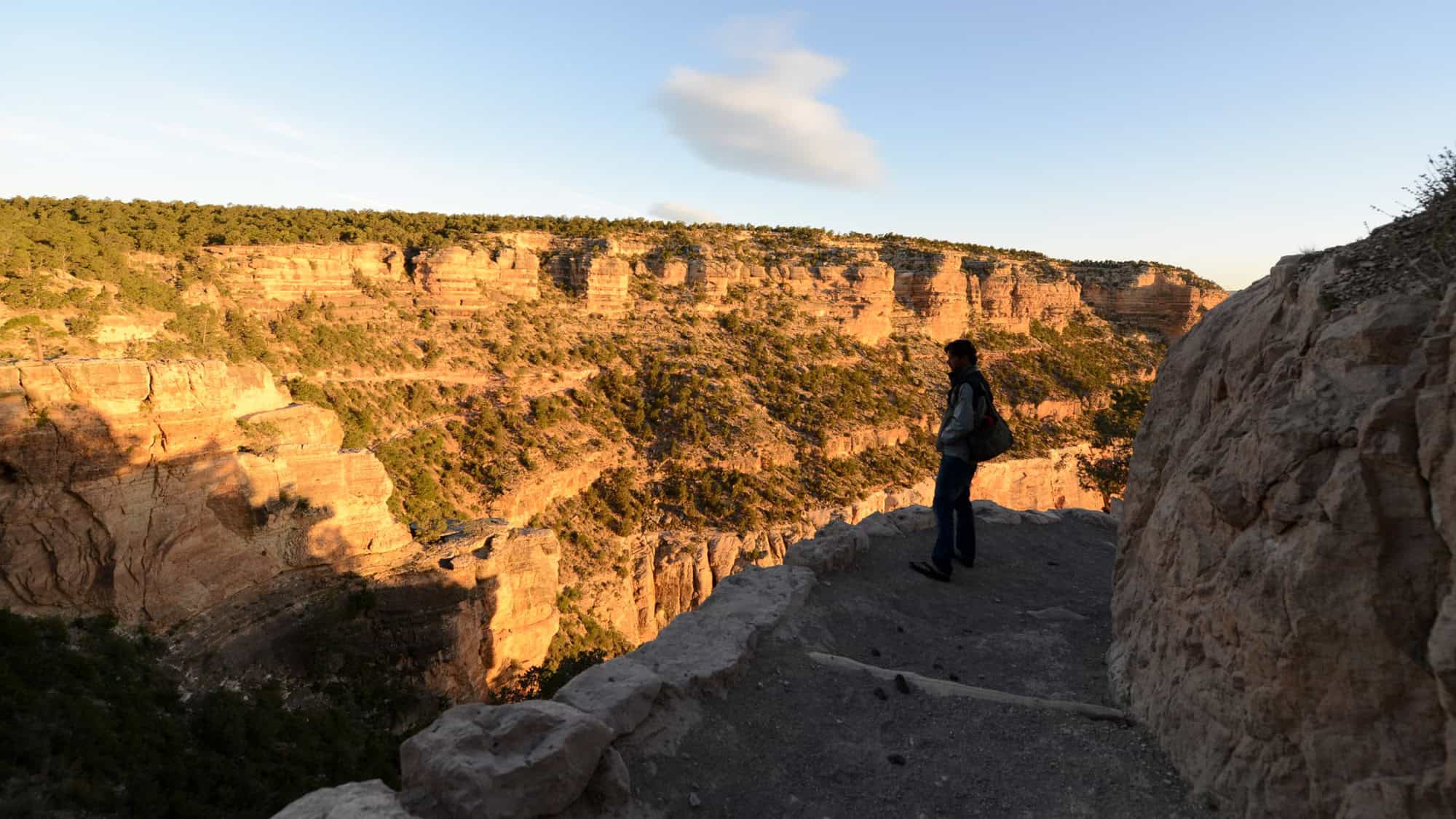 A lone hiker standing at the edge of a rocky cliff, gazing over the steep, sunlit walls of the Grand Canyon. The sun casts a warm glow on the canyon walls and the trail below.