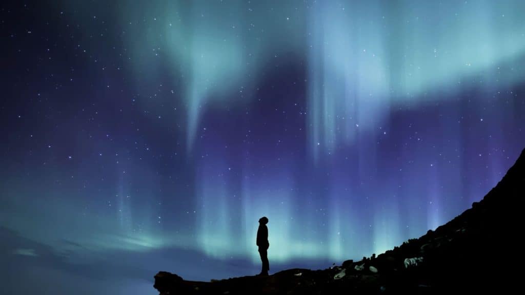 A man is silhouetted against the northern lights as he stands on a rocky shore looking up at the sky.