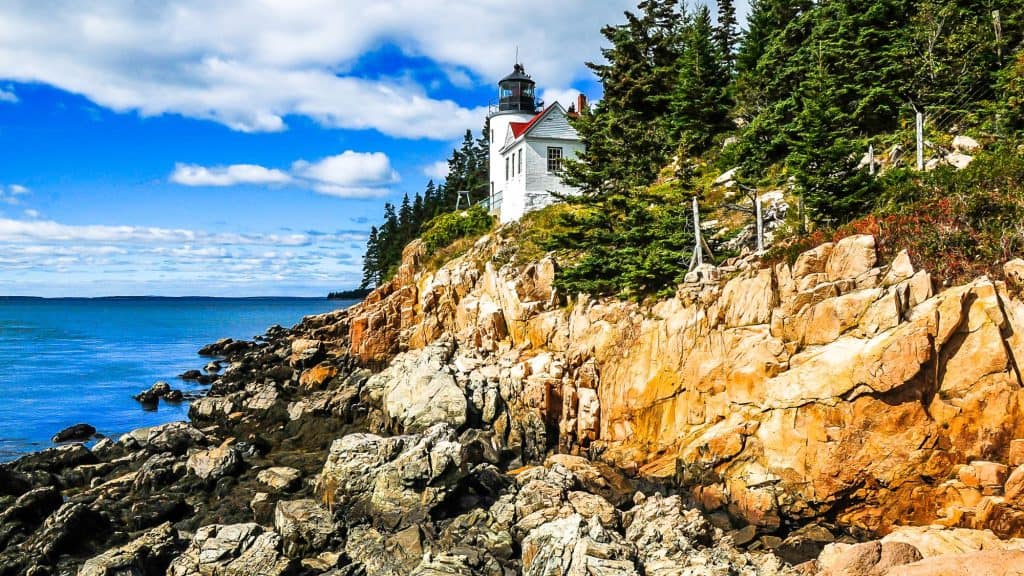 A white lighthouse perched on a rugged rocky coastline surrounded by evergreen trees, with a bright blue sky and the ocean stretching to the horizon.