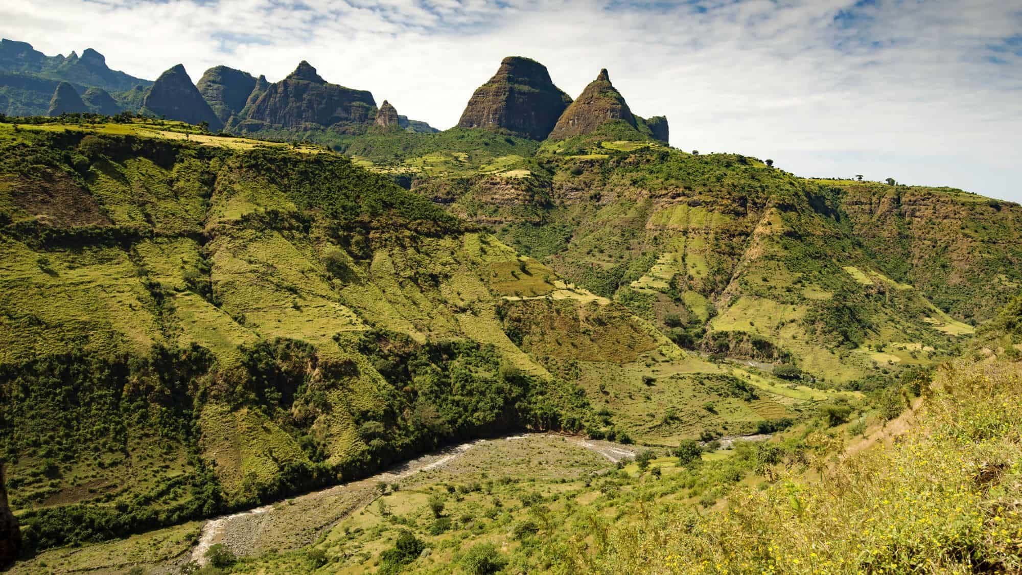 A view of the green valleys and mountains in simien mountains national park.
