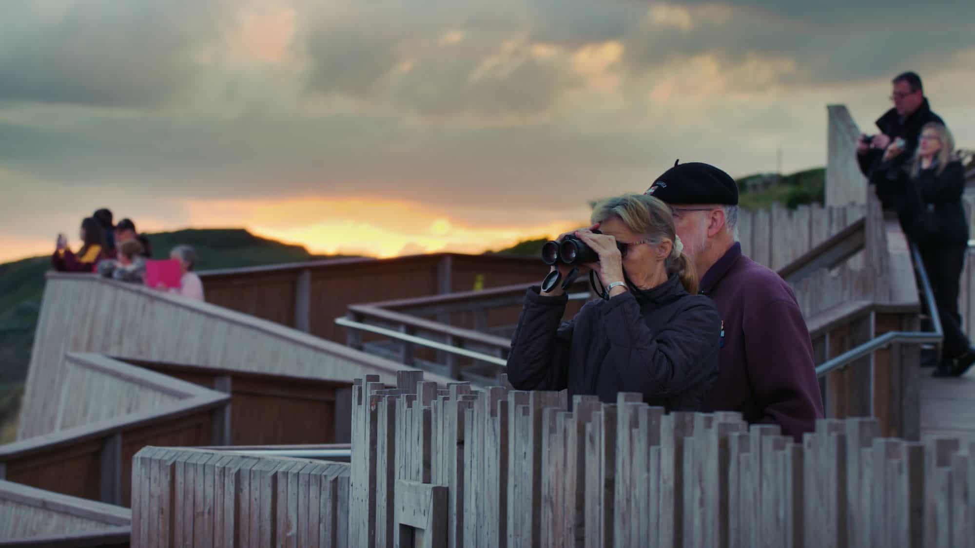 A scenic wooden boardwalk overlooking the ocean, where visitors with binoculars enjoy the sunset. The pastel hues of the sky create a serene atmosphere.