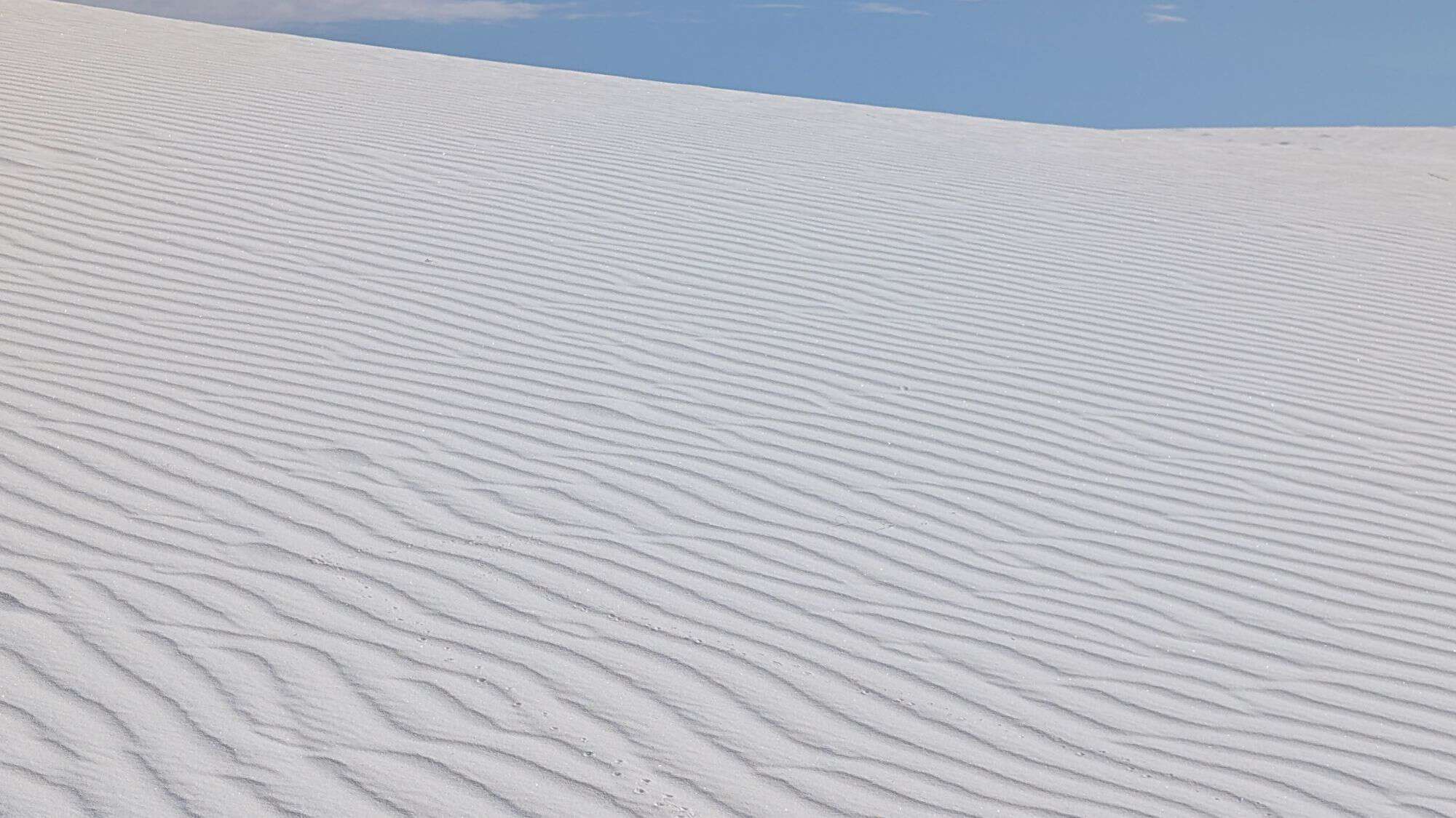 A close-up of pristine, undisturbed white sand ripples under a clear blue sky, showing natural texture and minimalism.