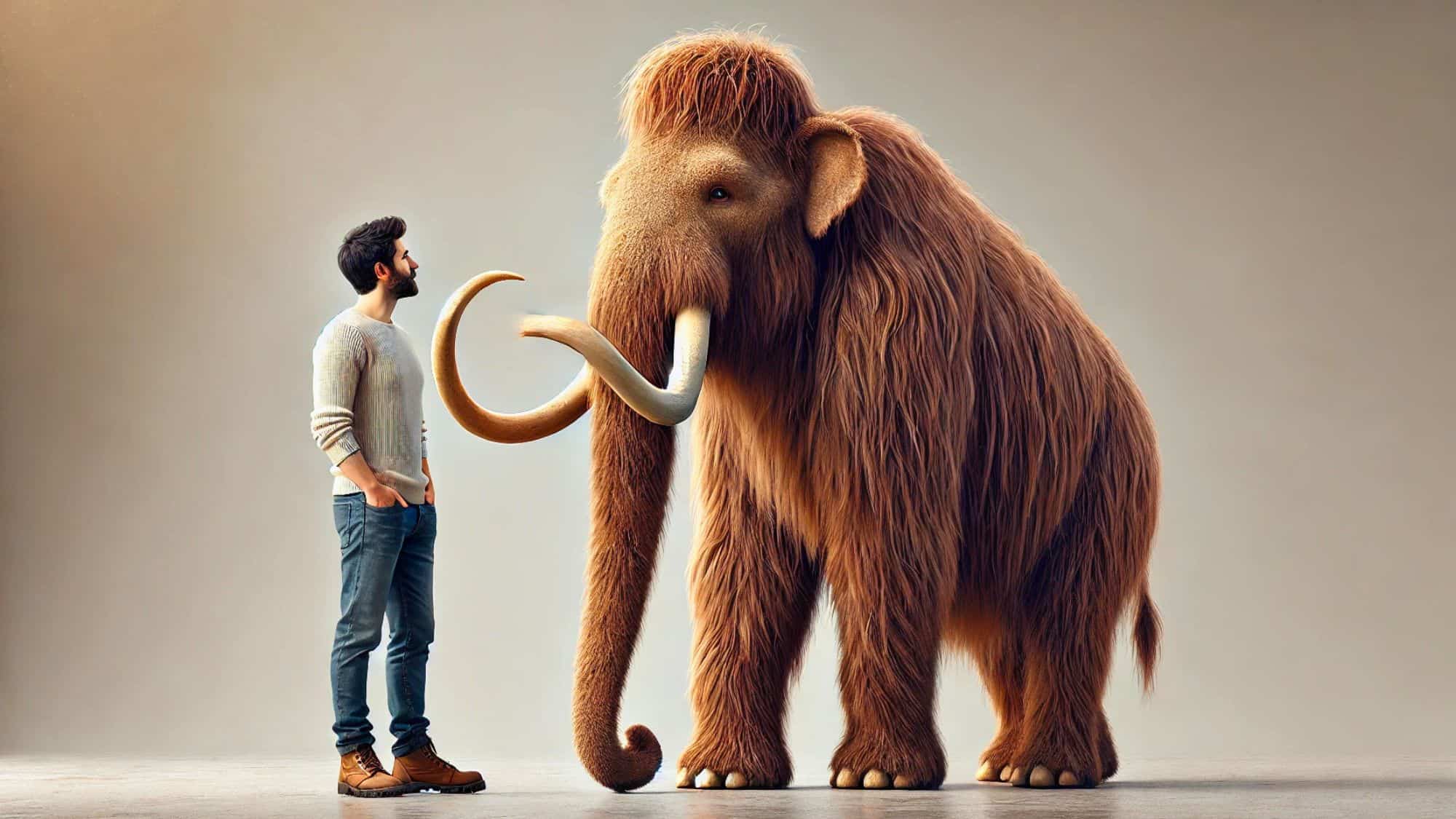 A digitally rendered pygmy mammoth with thick reddish-brown fur and curved tusks stands beside a casually dressed man. The mammoth’s small size makes it appear more approachable, creating an imaginative prehistoric-meets-modern encounter.