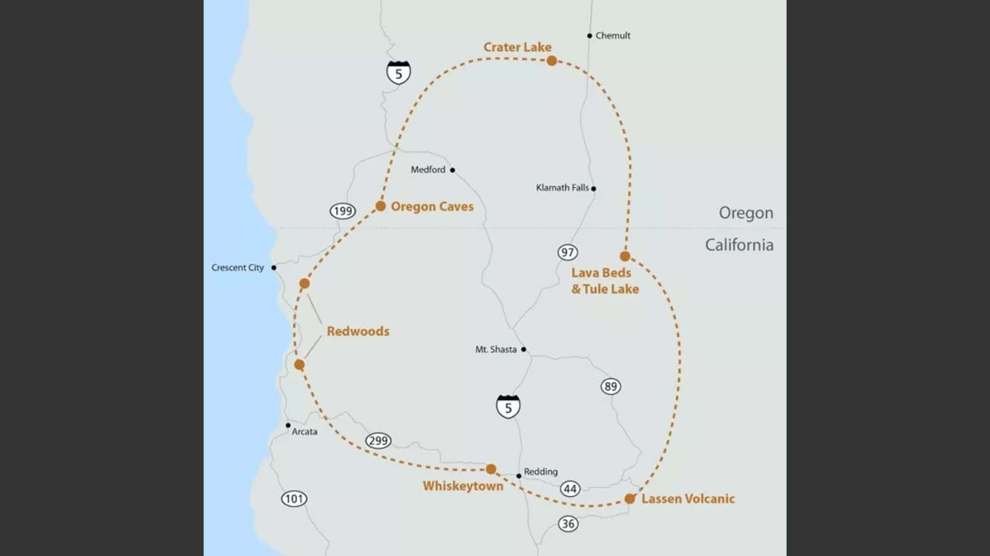 A simple illustrated map outlining a scenic route through national parks and landmarks in Northern California and Southern Oregon, including Crater Lake, Redwood National Park, Lassen Volcanic, and the Oregon Caves.