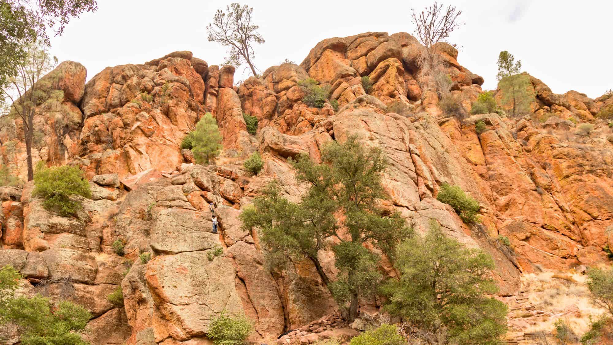 Climbers scale the reddish-brown volcanic rock formations at Pinnacles National Park, surrounded by steep cliffs and patches of green vegetation.