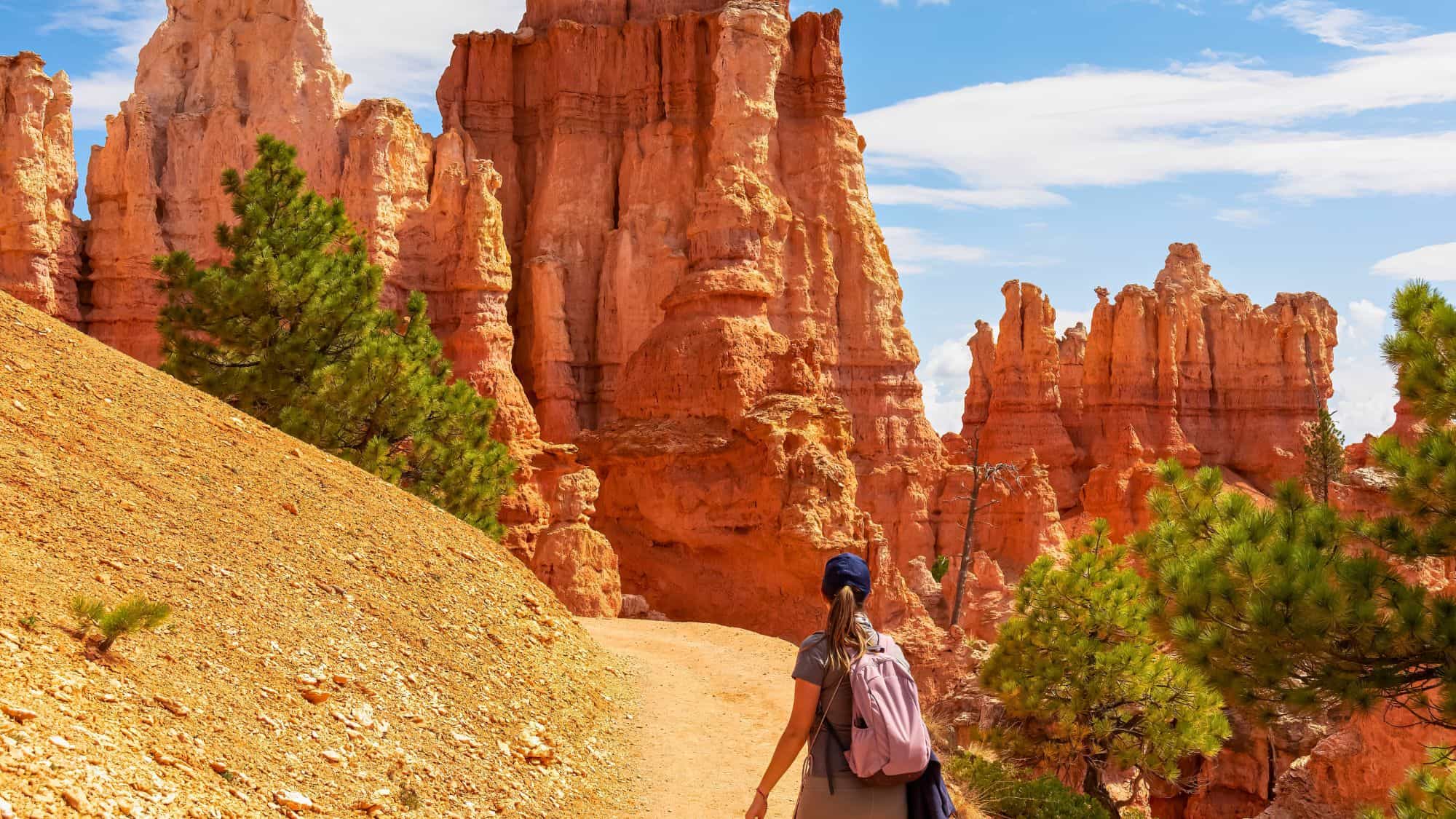A hiker walks along a winding dirt path through Bryce Canyon, surrounded by towering spires of orange rock. Green pine trees provide a striking contrast to the warm desert hues.