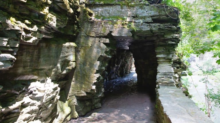 A narrow passageway carved through layered rock formations, with sunlight filtering through the overhanging greenery. The wet, rocky pathway leads into a tunnel-like opening, adding a sense of adventure and mystery.