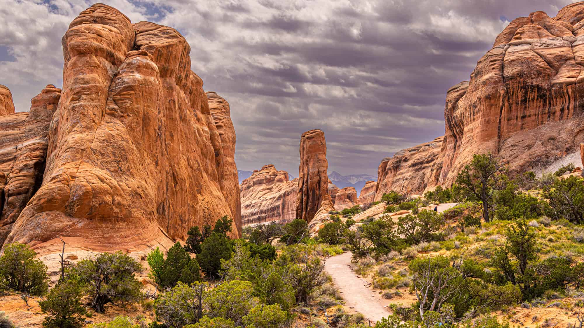 A winding dirt trail meanders through towering sandstone formations, surrounded by desert vegetation. The sky above is a mix of moody clouds and glimpses of sunlight, highlighting the immense rock structures.