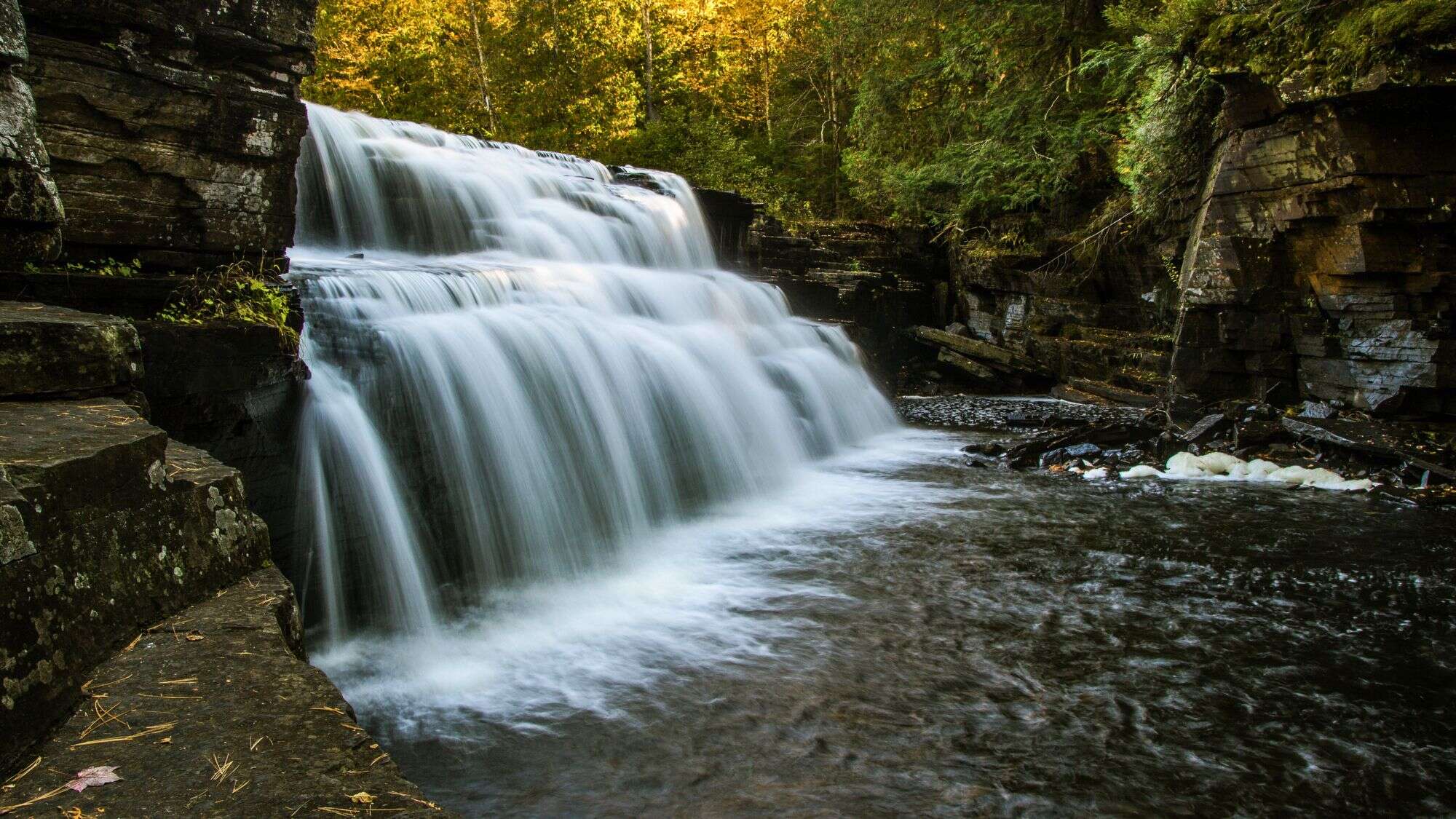 A powerful waterfall crashes in tiers over dark rock formations at Canyon Falls, surrounded by mossy ledges and dense forest glowing in golden evening light.