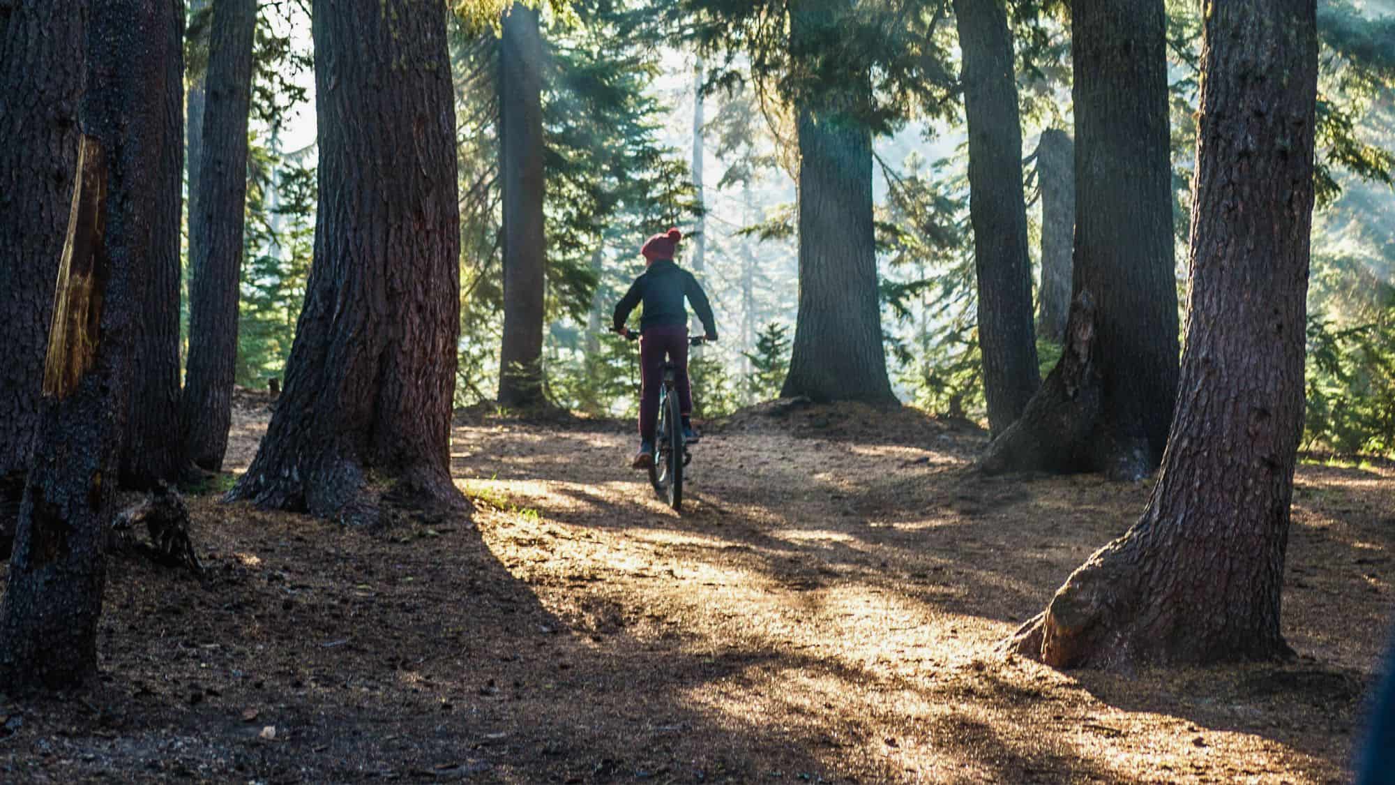 A person rides a bike through a sun-dappled pine forest trail at Mazama Campground, surrounded by towering trees and shafts of morning light.