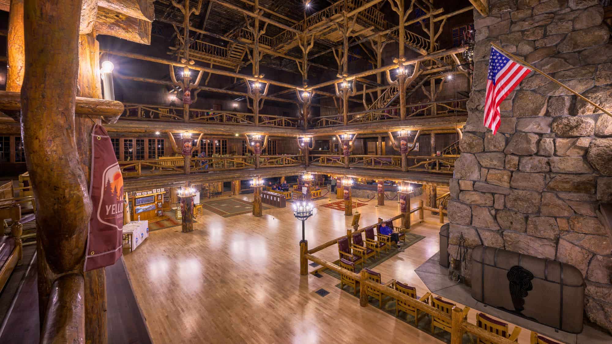 WEST YELLOWSTONE, MONTANA, USA - OCTOBER 1, 2022: Interior of the historic Old Faithful Inn in Yellowstone National Park, Wyoming