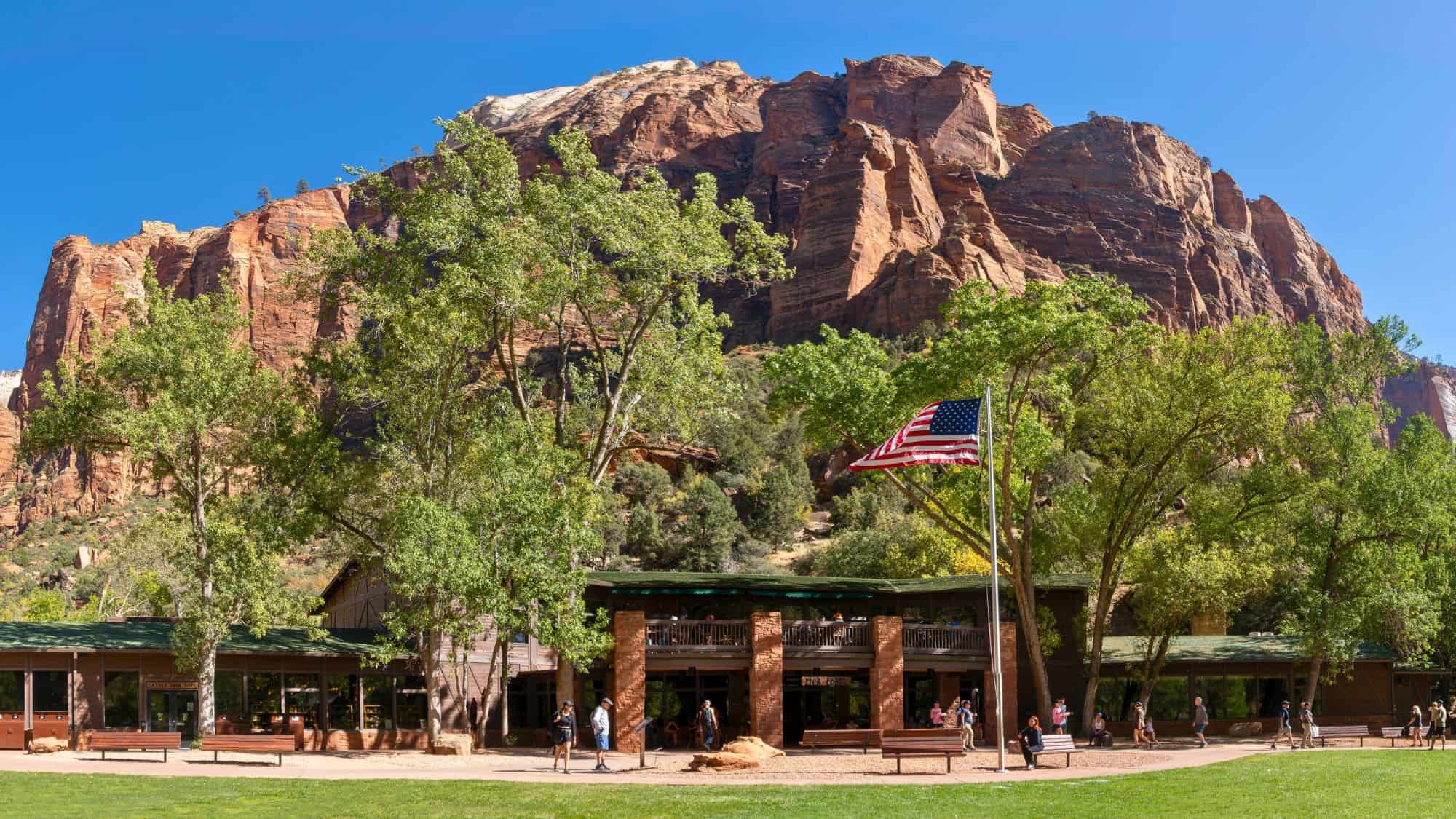 Zion National Park, Utah -Oct 9, 2023: Zion Lodge, built in 1920s by Utah Parks Company in the heart of Zion Canyon. Popular in park lodging, dining and services. Red Rock Grill and Castle Dome Cafe.