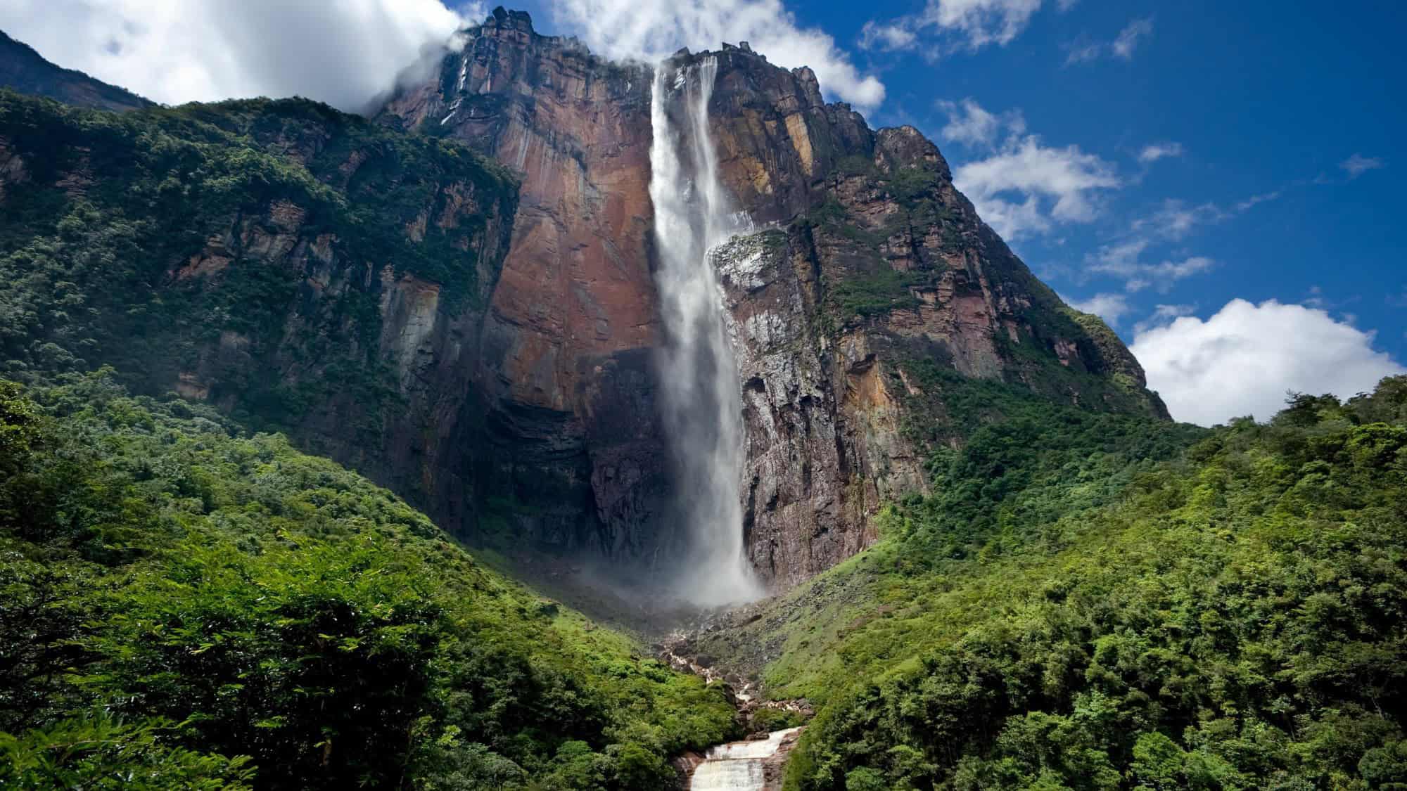The world’s tallest uninterrupted waterfall drops from a towering cliff in Canaima National Park, with mist rising from the lush green forest below.