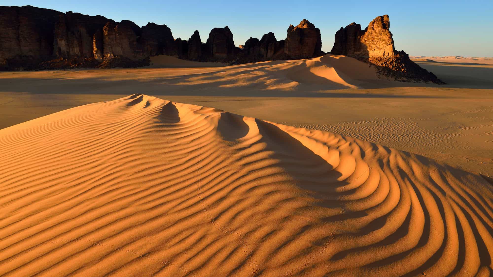 Golden rippled sand dunes in the foreground with rugged dark rock formations towering in the distance at Tassili n'Ajjer in the Sahara Desert.