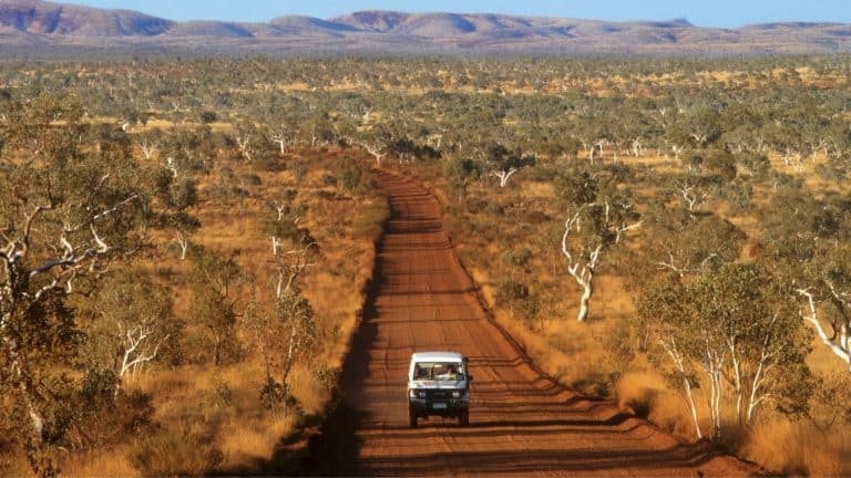 A lone vehicle drives down a dusty red dirt road lined with dry grass and scattered eucalyptus trees in the remote Kimberley region of Australia.