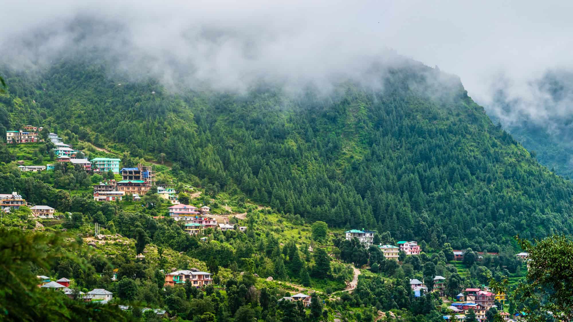 Colorful houses and small buildings are nestled into the lush, forested hills of Mcleodganj, India, with mist rolling over the mountaintops above.