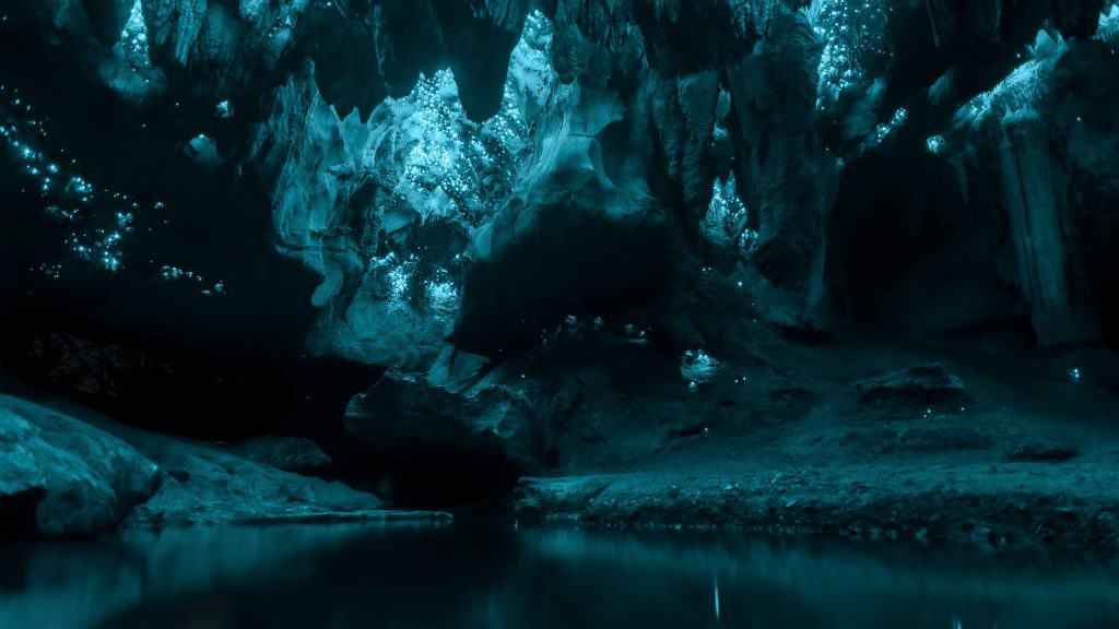A dim, enchanting cavern scene with natural rock formations faintly lit by scattered blue glowworms, creating a dreamlike ambiance along the cave floor and walls.