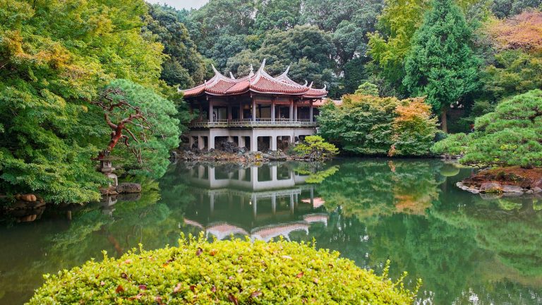 A traditional pavilion with a red-tiled roof reflects perfectly in a still pond surrounded by vibrant green foliage in Tokyo’s Shinjuku Gyoen, creating a serene and symmetrical landscape.