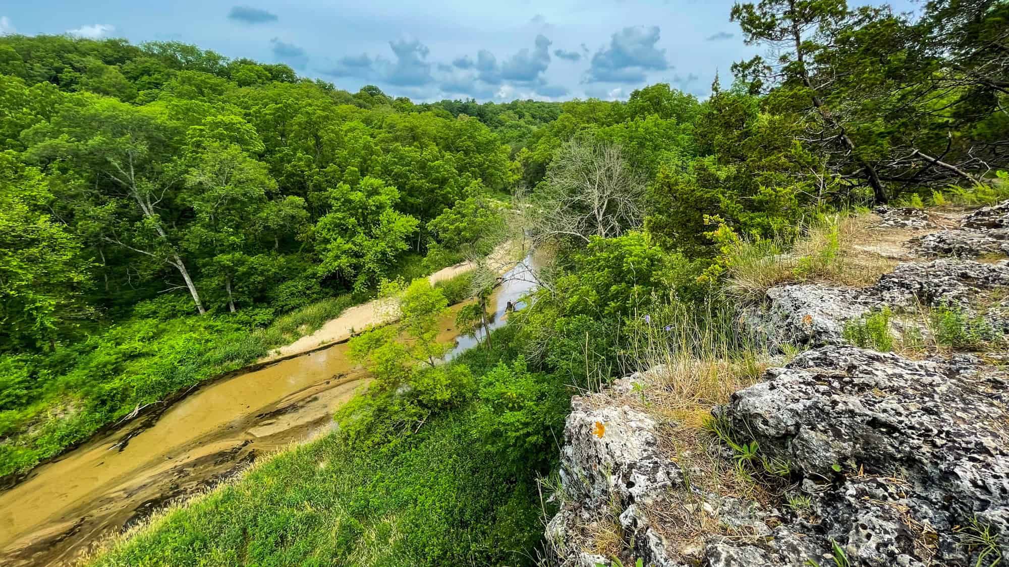 Rocky bluff with jagged outcrops overlooks a winding creek below, framed by lush green forest and cloudy skies, offering a dramatic view of Iowa’s natural beauty.