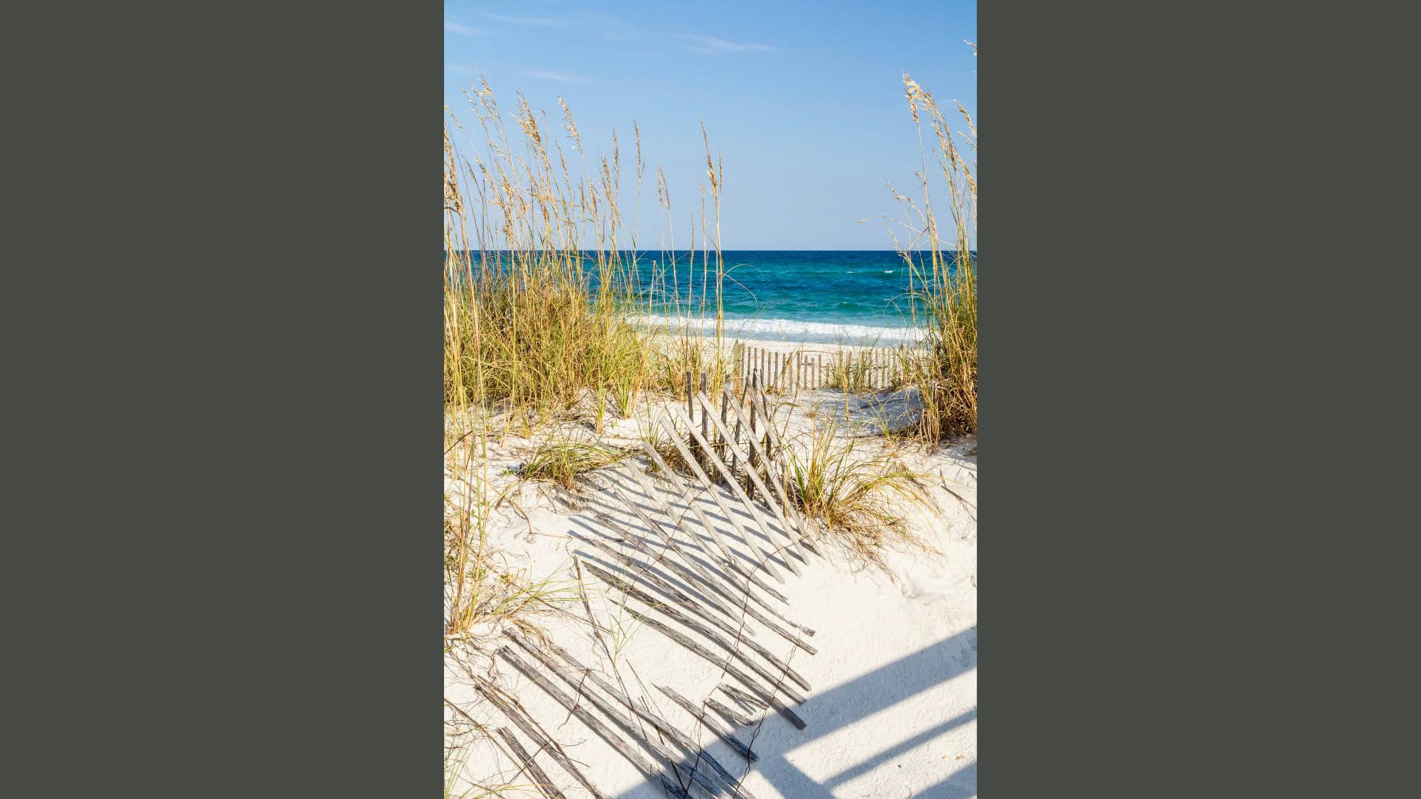 A broken wooden sand fence and tall beach grasses frame a pristine stretch of white sand beach and turquoise water at Gulf Islands National Seashore.