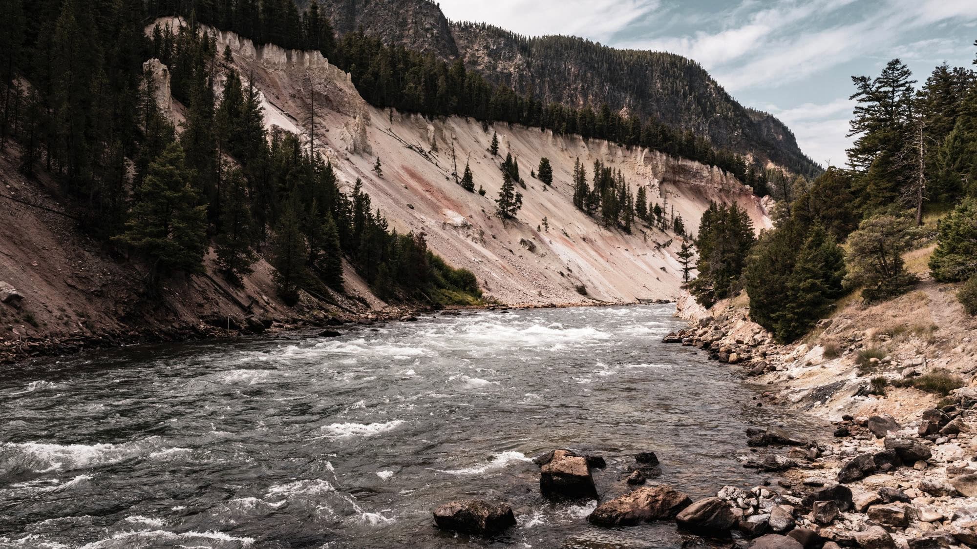 A rugged riverbank cutting through a forested valley with steep, pale rock cliffs and evergreen trees. The river rushes through the scene, dotted with rocks.