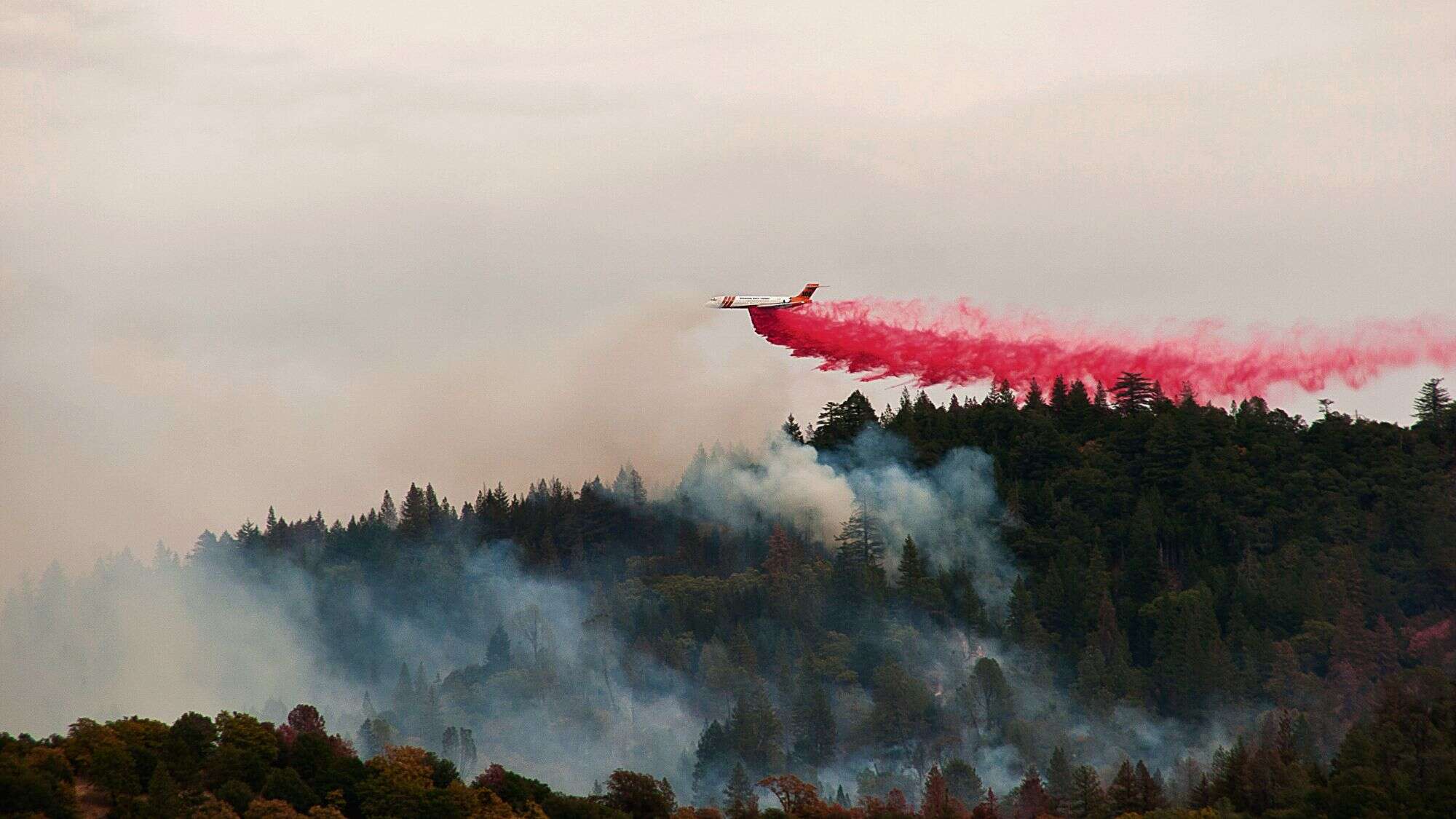 An air tanker drops a vivid red fire retardant over a dense forest blanketed in smoke, with treetops just visible beneath the haze of an active wildfire.