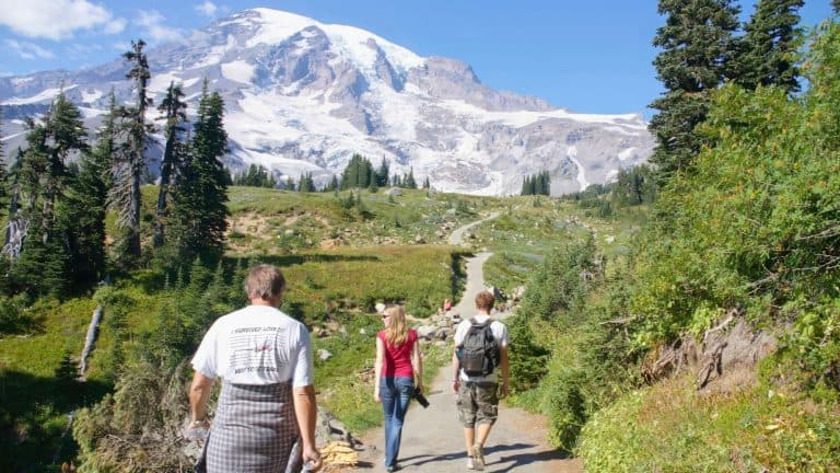 Hikers walk a winding trail through green meadows with the snow-capped peak of Mount Rainier towering in the distance.