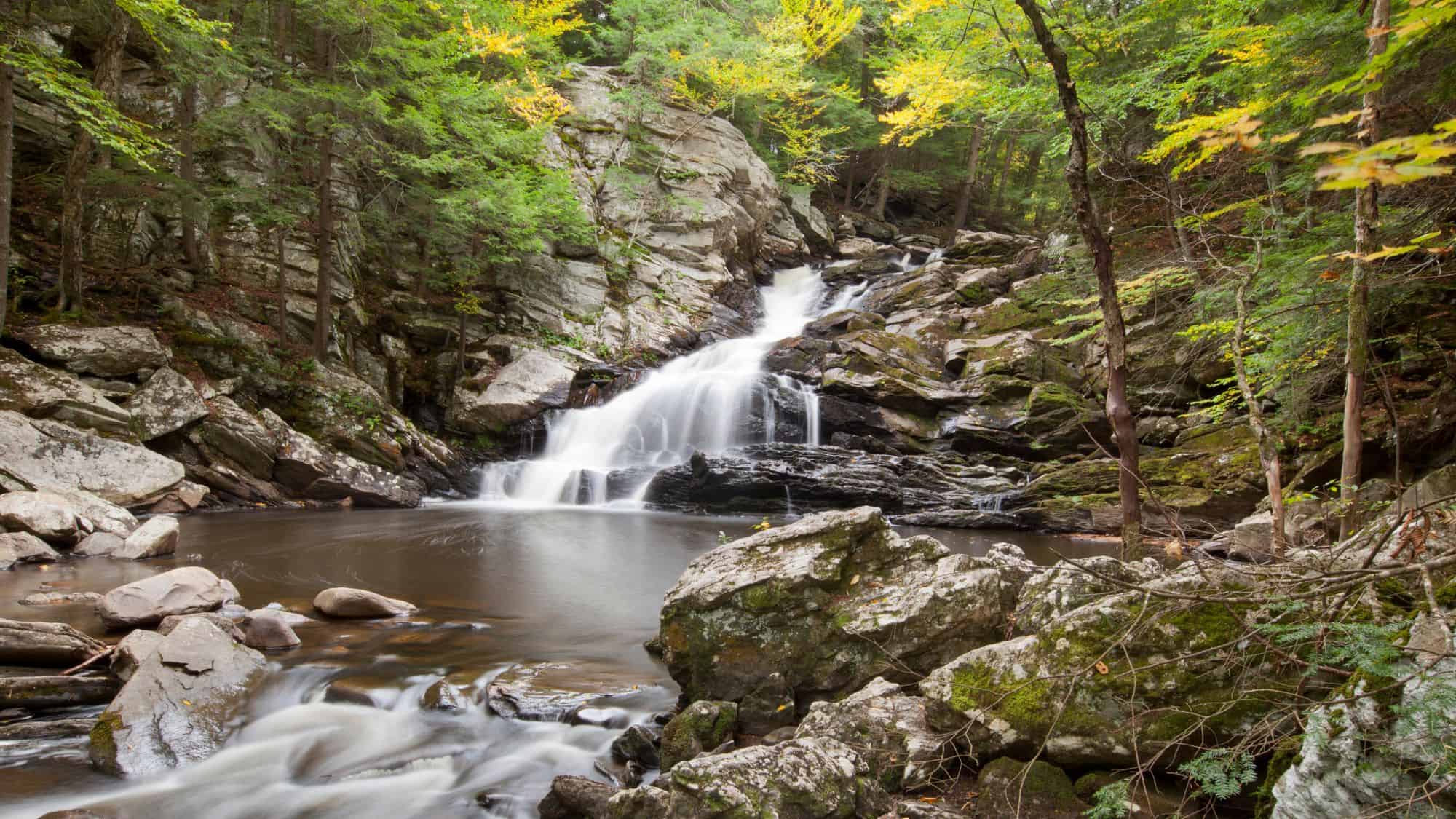 A waterfall tumbles down layered rock steps into a calm pool, surrounded by mossy stones and dense trees.