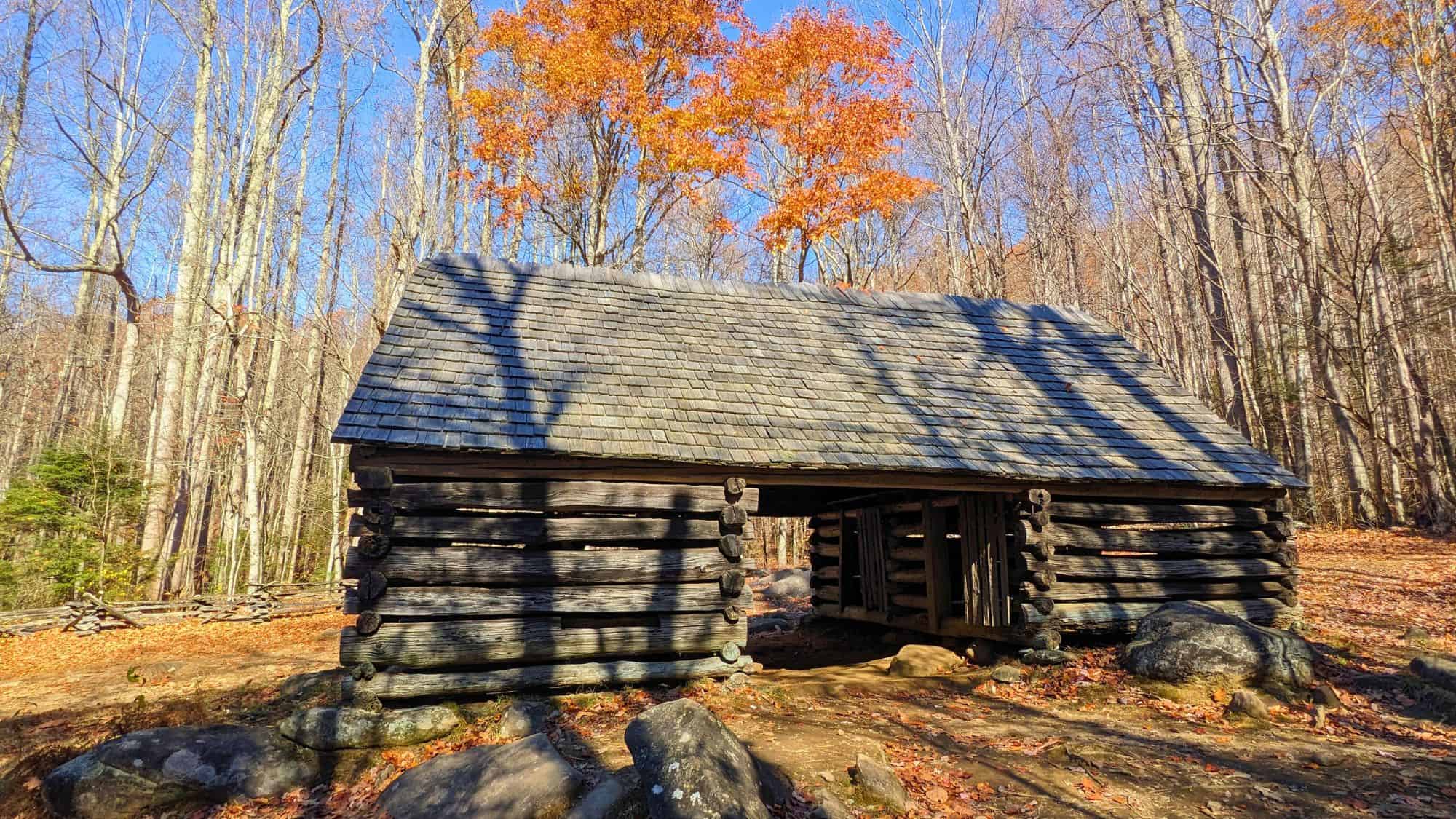 A rustic split-log barn with a shingled roof stands in a quiet forest clearing, surrounded by fallen leaves and bare trees with a splash of bright orange foliage.