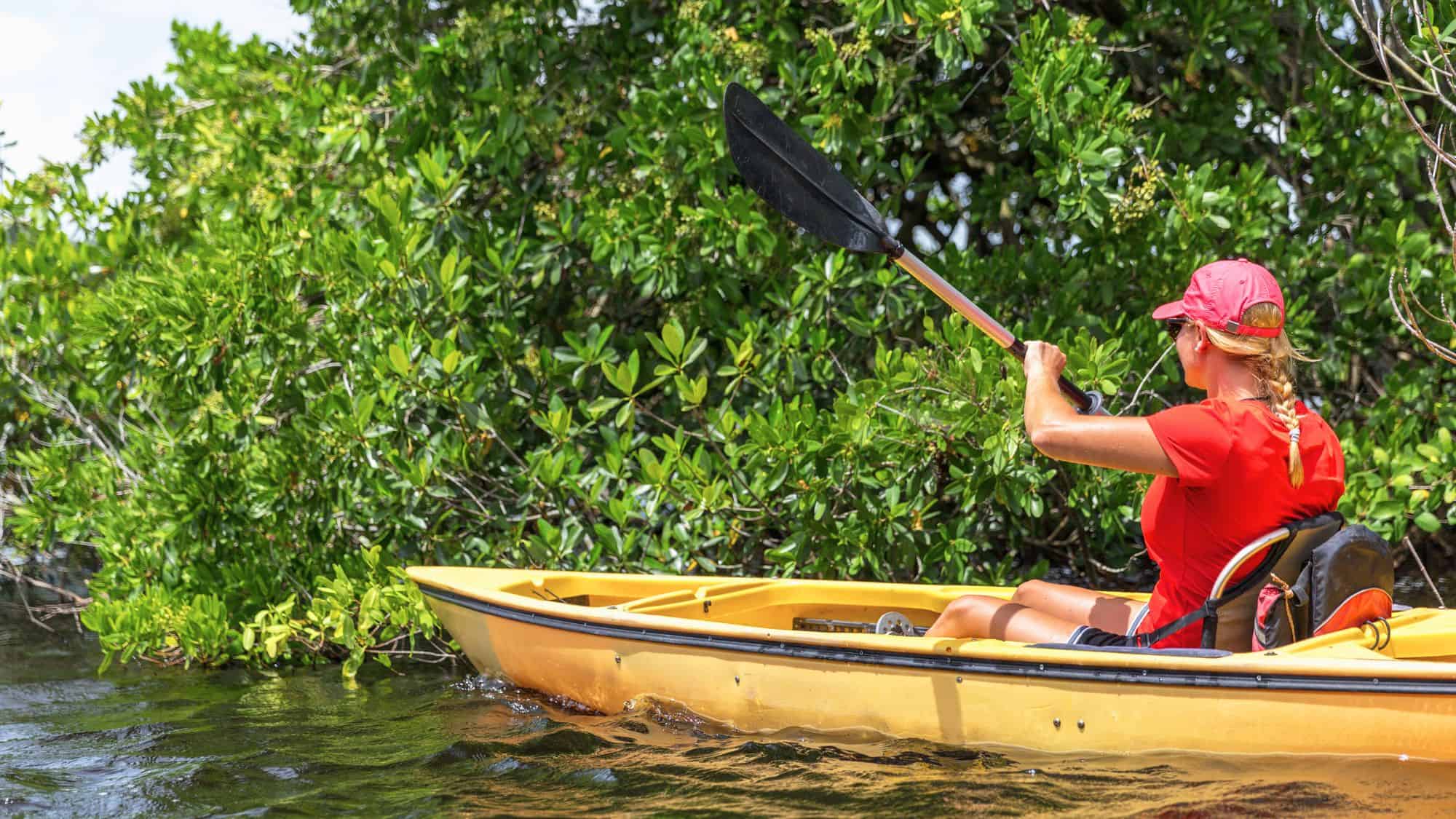 A woman in a red shirt and cap steers a yellow kayak close to green mangrove trees.