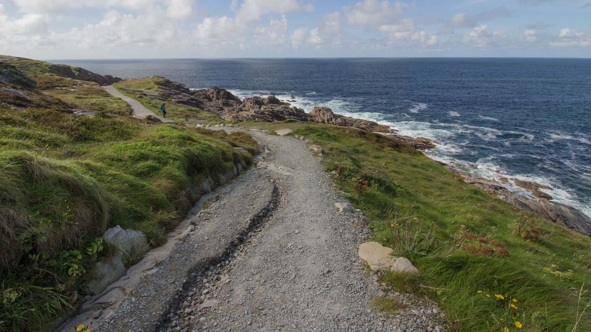 A gravel trail winds through green hills toward rocky shoreline cliffs, where waves crash against the rugged coast under a partly cloudy sky.