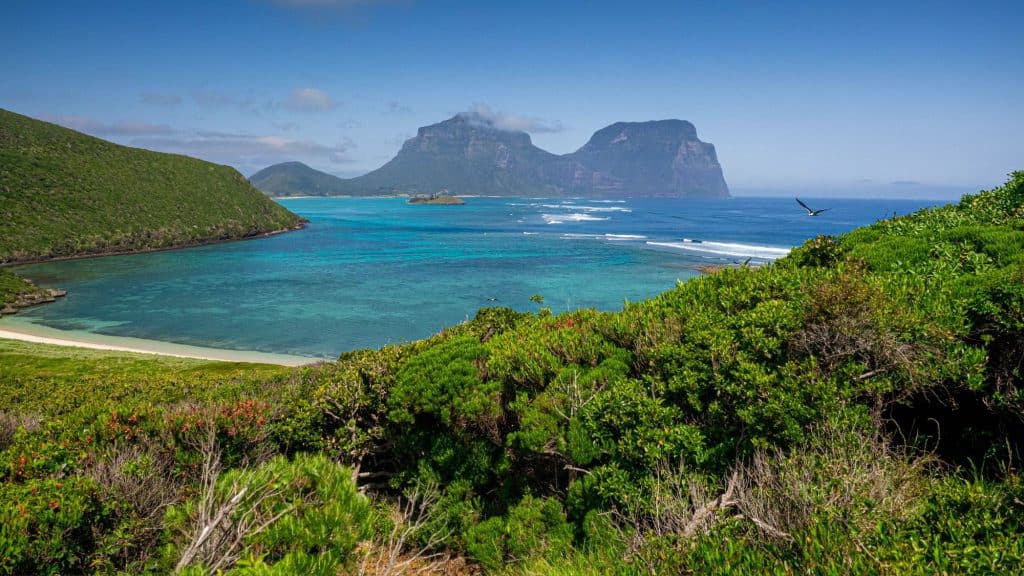 A sheltered bay of clear blue water is framed by lush vegetation, with distant rocky peaks under a sunny sky.