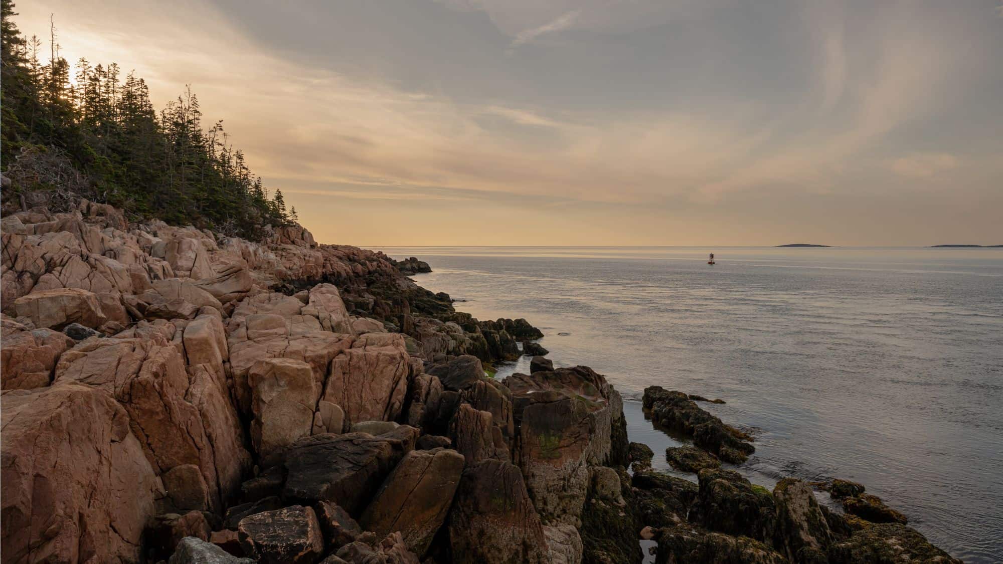 Pink granite rocks line a rugged forested shoreline as calm water stretches to distant islands under a softly glowing sky.