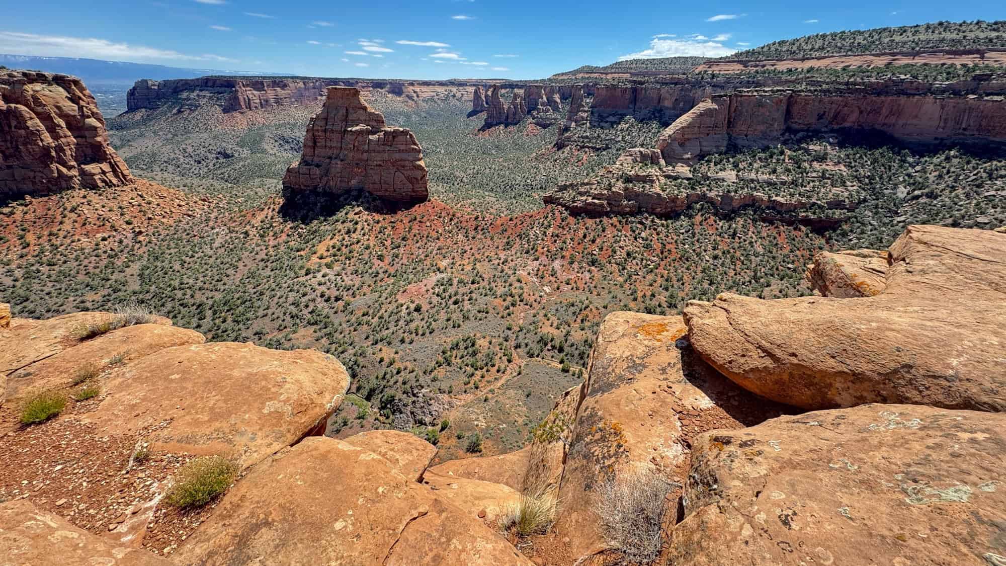 Towering red sandstone formations and steep canyon walls dominate a panoramic view across the rugged landscape of Colorado National Monument.