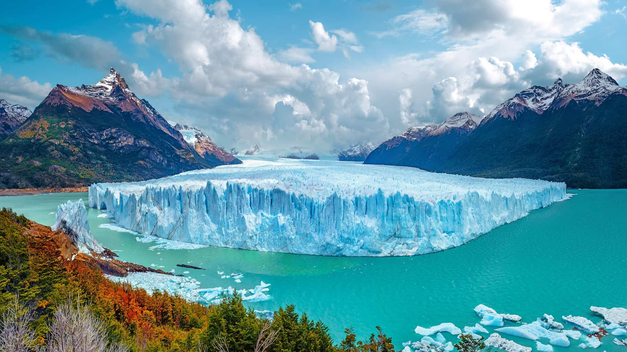 A massive ice wall of the Perito Moreno Glacier stretches into turquoise waters, flanked by snow-capped peaks and vibrant autumn forest.