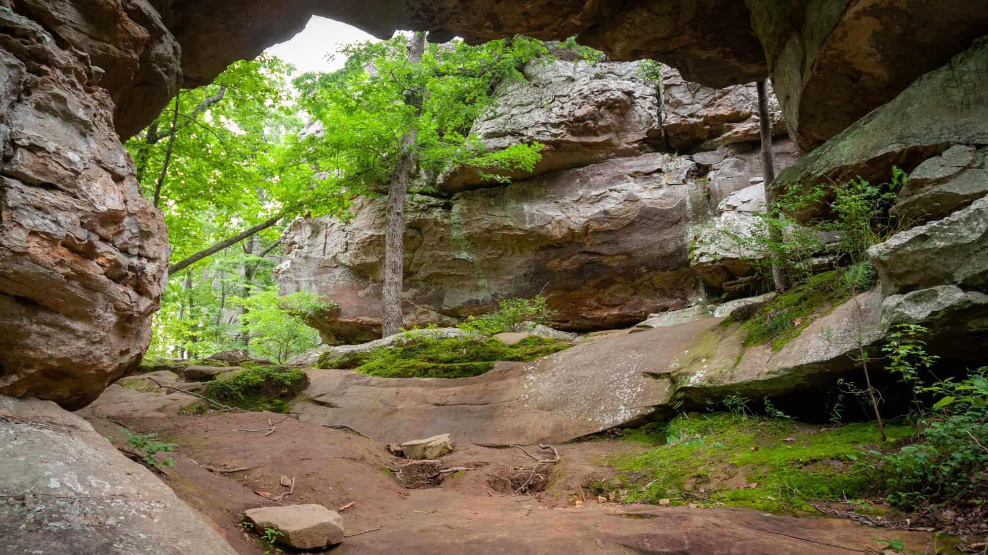 Massive sandstone boulders and mossy rock surfaces form a natural archway in a shaded forest setting, with trees growing between the rocks.