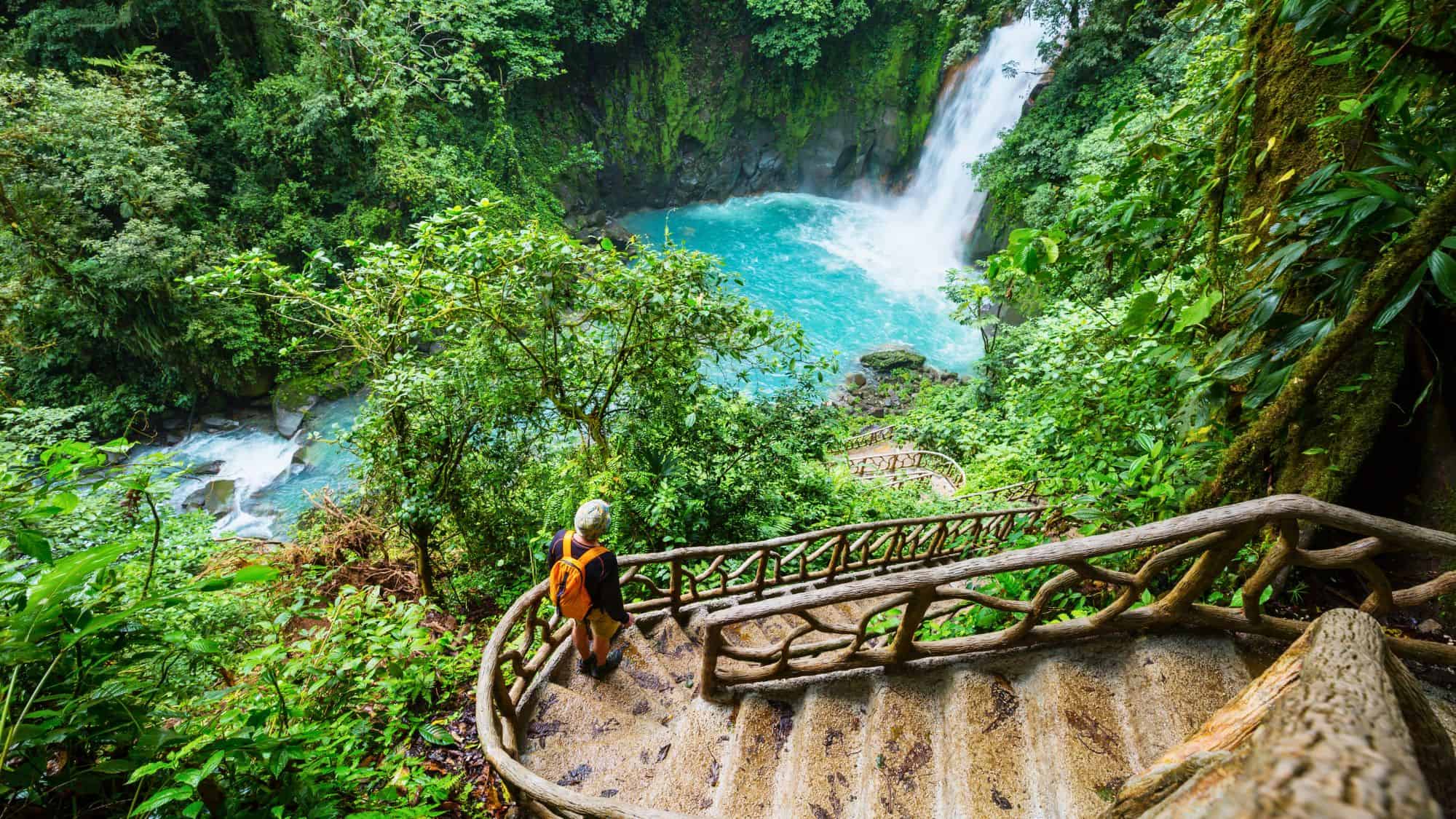 A winding staircase surrounded by dense jungle leads to a stunning waterfall pouring into vibrant turquoise water.