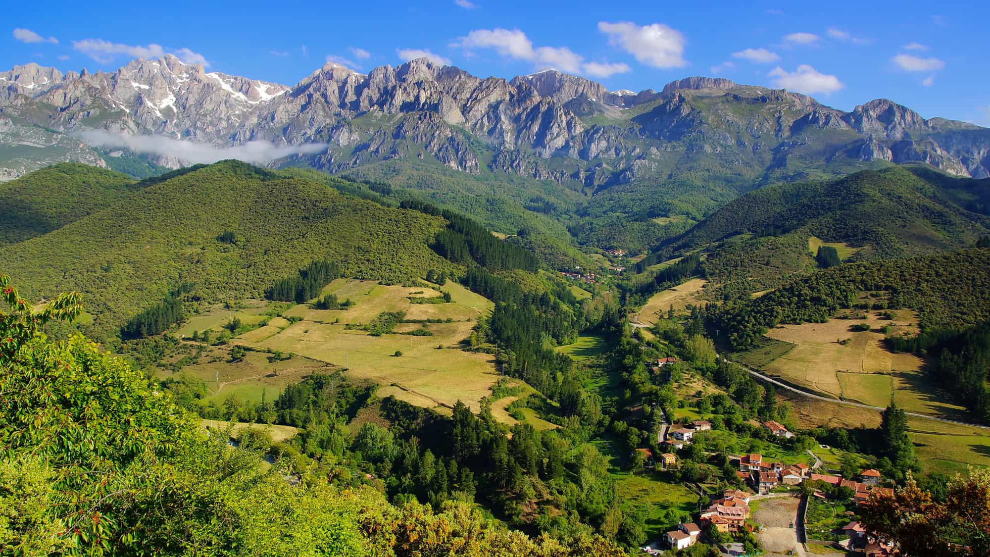 A wide green valley dotted with scattered villages stretches toward the jagged peaks of Spain’s Picos de Europa, under a bright sky with thin clouds.