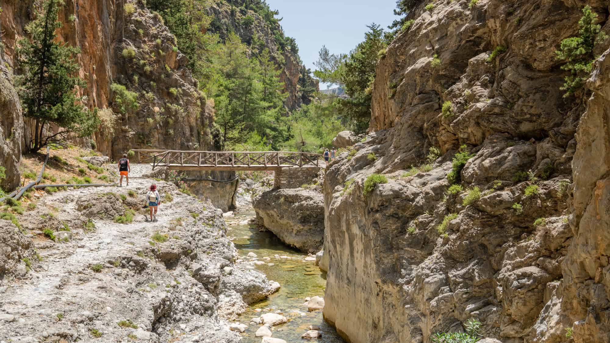 A rocky trail descends into a steep canyon flanked by tall cliffs, with a rustic wooden bridge spanning a shallow, clear stream below.