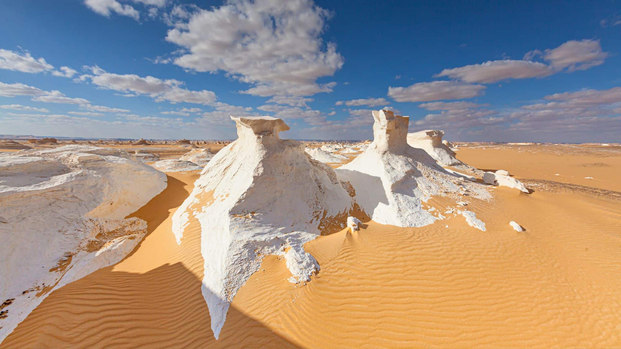Chalk-white limestone formations rise from the golden sand, sculpted into surreal shapes by wind erosion beneath a bright blue sky.
